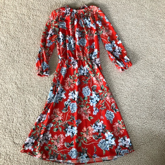 h&m red floral midi dress